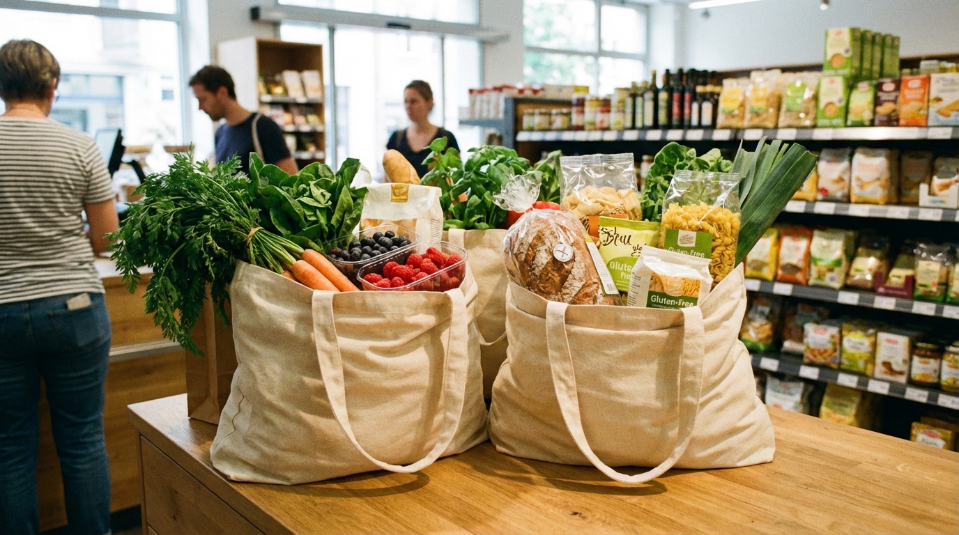 Einkaufstasche mit glutenfreien Produkten und Gemüse - glutenfreie Ernährung keine Modeerscheinung