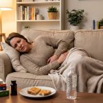 Frau mit Bauchschmerzen auf dem Sofa - Symptome der Glutenunverträglichkeit