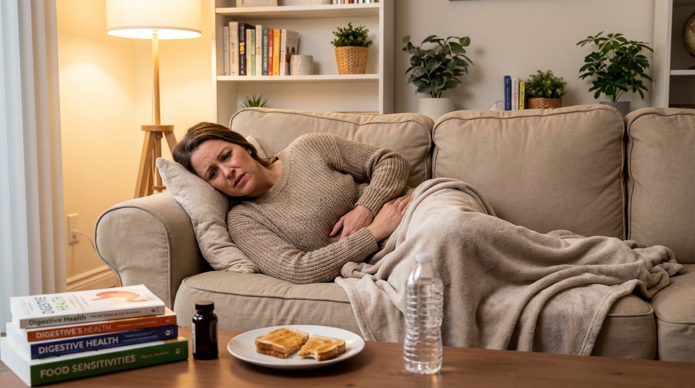 Frau mit Bauchschmerzen auf dem Sofa - Symptome der Glutenunverträglichkeit