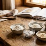 Glutenfreie Backzutaten: Reismehl, Tapiokastärke, Xanthan und Eier auf einem Holztisch