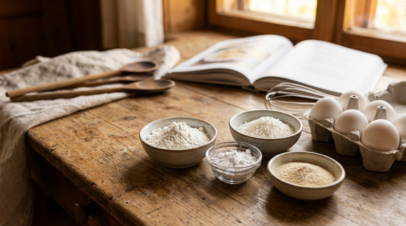Glutenfreie Backzutaten: Reismehl, Tapiokastärke, Xanthan und Eier auf einem Holztisch