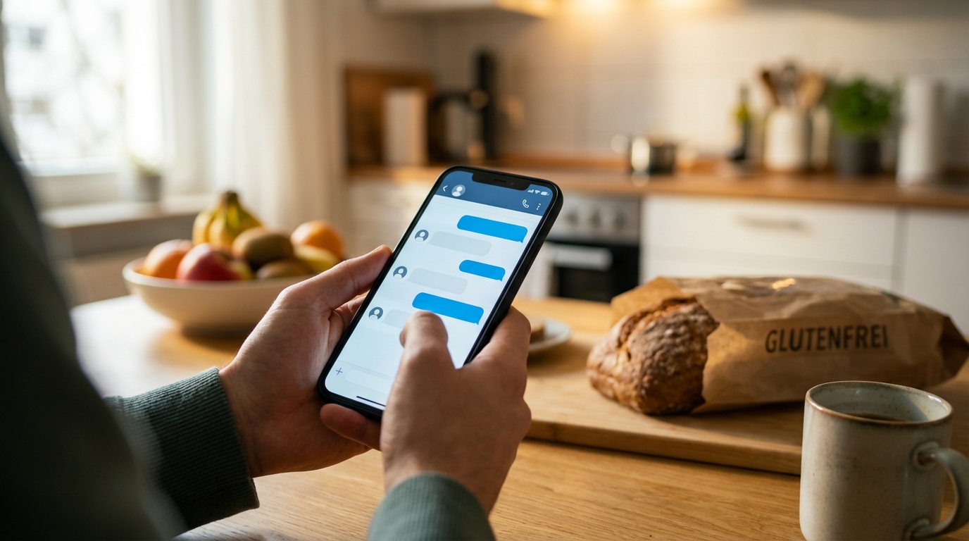 Person mit Smartphone nutzt den Glutenfrei Guide Chatbot - KI-Assistent fuer Zoeliakie und glutenfreie Ernaehrung