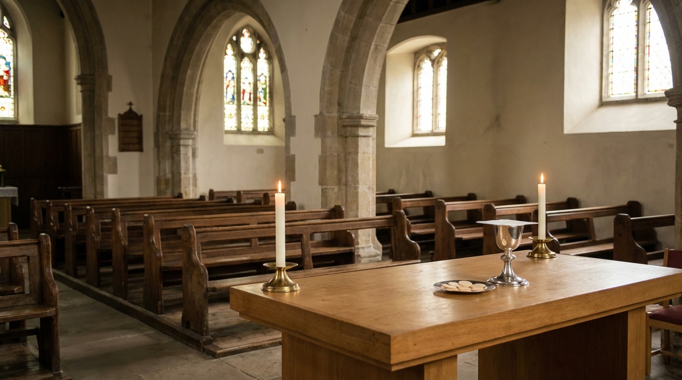 Kirchenaltar mit Kelch und Hostien auf Holzteller - glutenfreie Hostien für Zöliakie-Betroffene