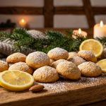 Glutenfreie Mandel-Zitronen-Plaetzchen auf einem Holzbrett - Weihnachtsplaetzchen ohne Gluten