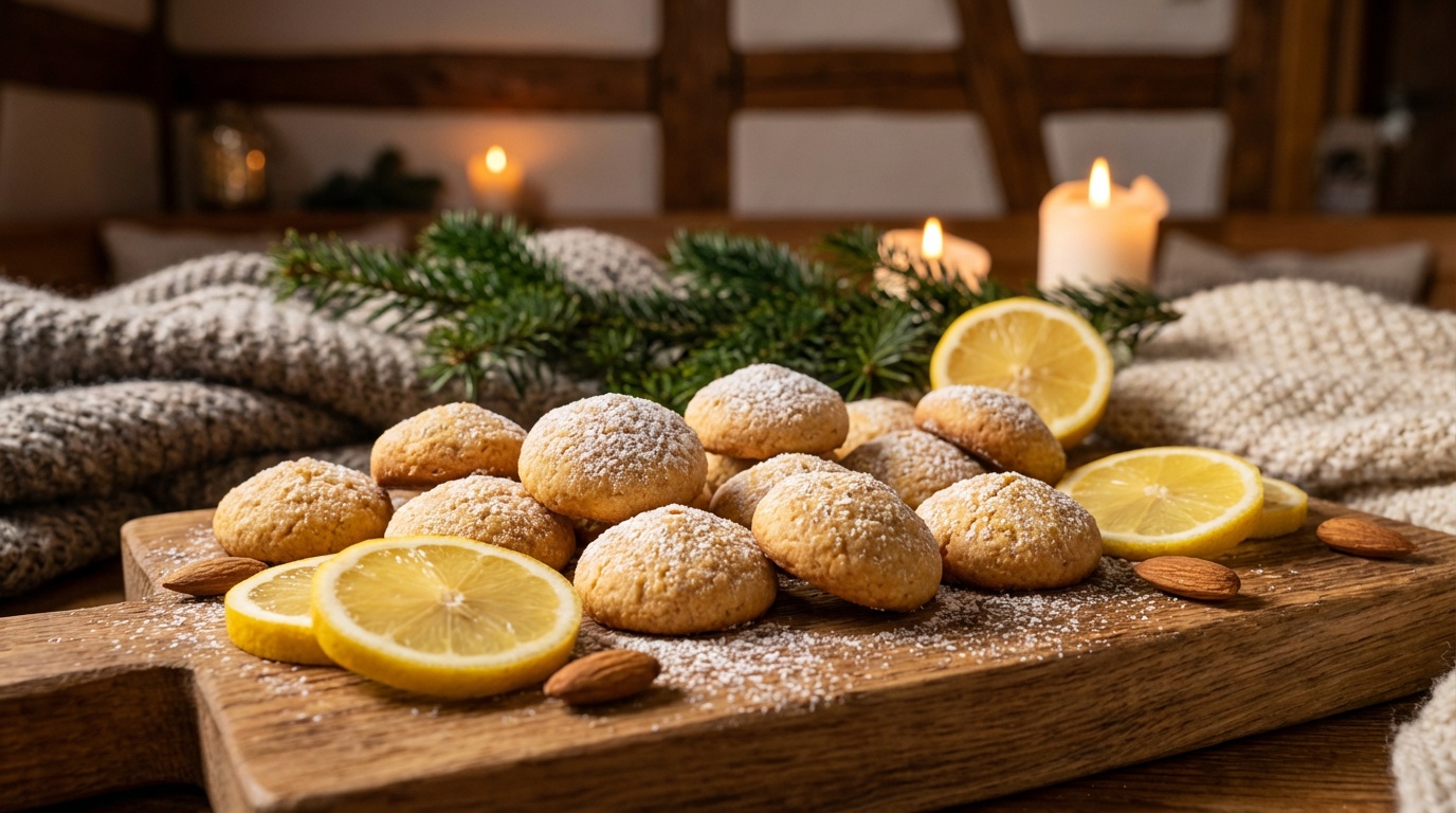 Glutenfreie Mandel-Zitronen-Plaetzchen auf einem Holzbrett - Weihnachtsplaetzchen ohne Gluten