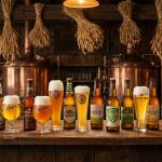 Glutenfreies Bier in verschiedenen Sorten - Craft Beer Flaschen und Glaeser auf einer Holztheke