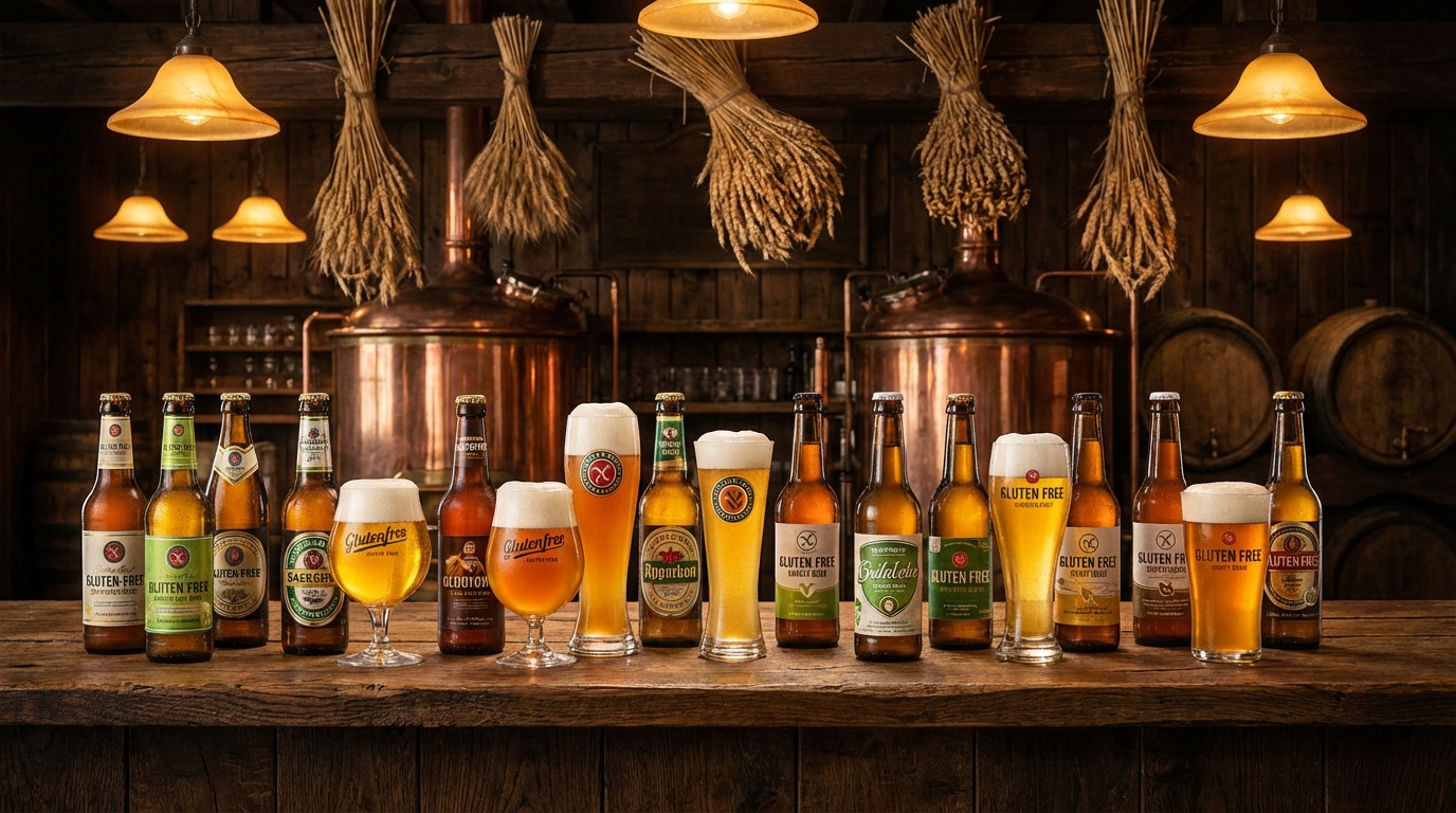 Glutenfreies Bier in verschiedenen Sorten - Craft Beer Flaschen und Glaeser auf einer Holztheke