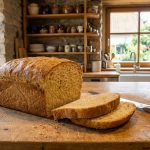 Glutenfreies Brot auf einem Holzbrett - frisch gebackenes glutenfreies Brot fuer Zoeliakie-Betroffene