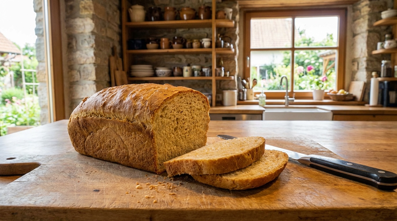 Glutenfreies Brot auf einem Holzbrett - frisch gebackenes glutenfreies Brot fuer Zoeliakie-Betroffene