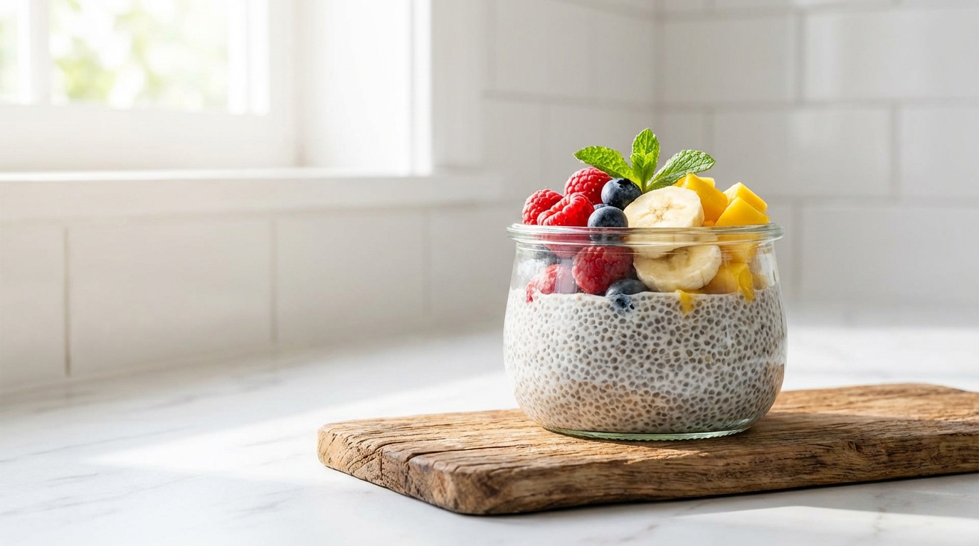 Glutenfreier Chia-Pudding mit frischen Beeren und Fruechten - gesundes glutenfreies Fruehstueck
