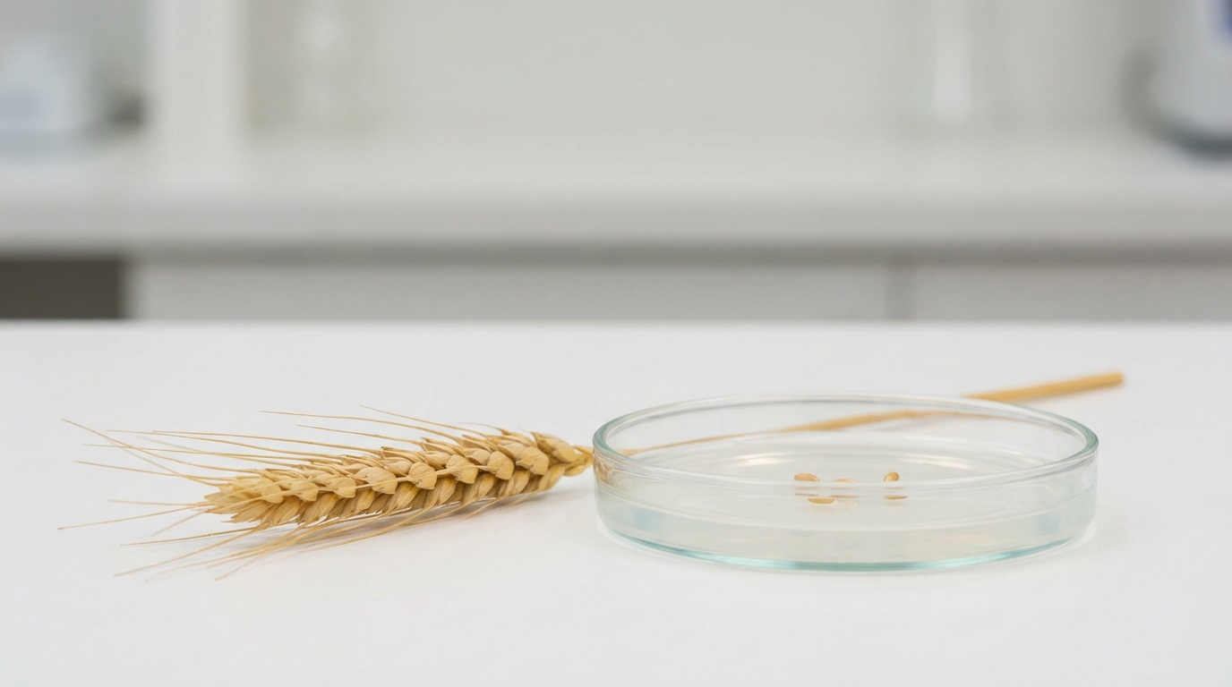 Goldene Weizenähre auf weißer Laborfläche neben einer Petrischale - Symbol für die Erforschung der Glutensensitivität