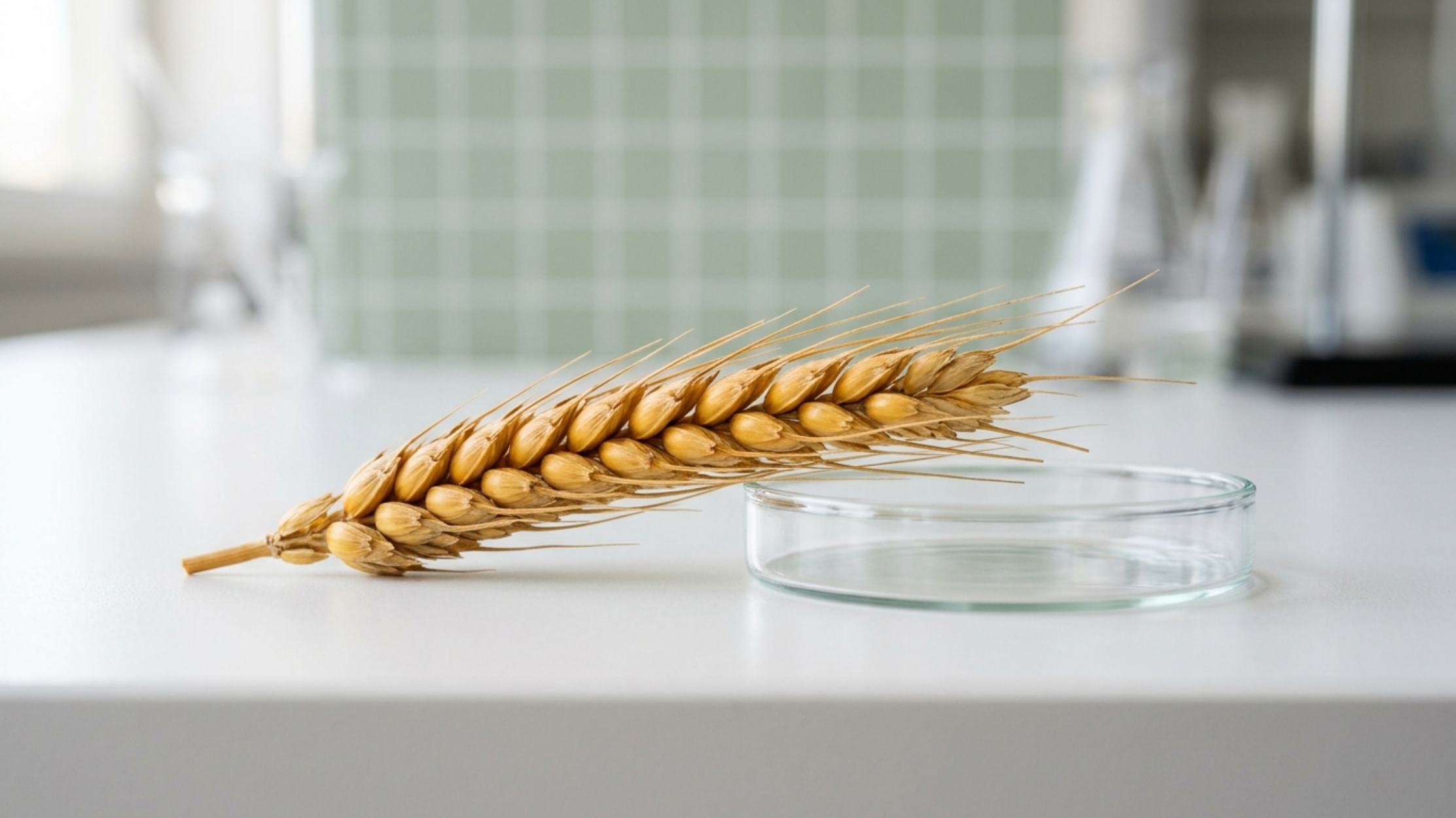 Goldene Weizenähre auf weißer Laborfläche neben einer Petrischale – Symbol für die wissenschaftliche Erforschung der Nicht-Zöliakie-Weizensensitivität (NZWS)