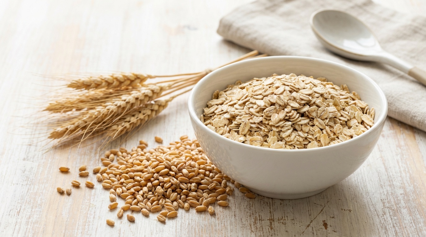 Glutenfreie Haferflocken in einer Schale neben Weizenkoernern - Ueberblick zu glutenfreiem Hafer bei Zoeliakie