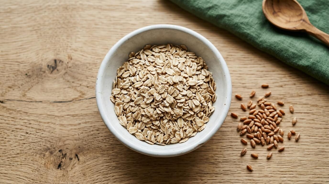 Haferflocken in weißer Schale neben Weizenkörnern – Überblick zu glutenfreiem Hafer, Kreuzverunreinigung und Avenin bei Zöliakie