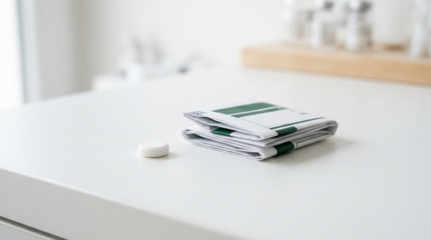 Tablette neben einem Beipackzettel auf weißem Untergrund – Informationen zu Gluten in Medikamenten und Weizenstärke als Hilfsstoff