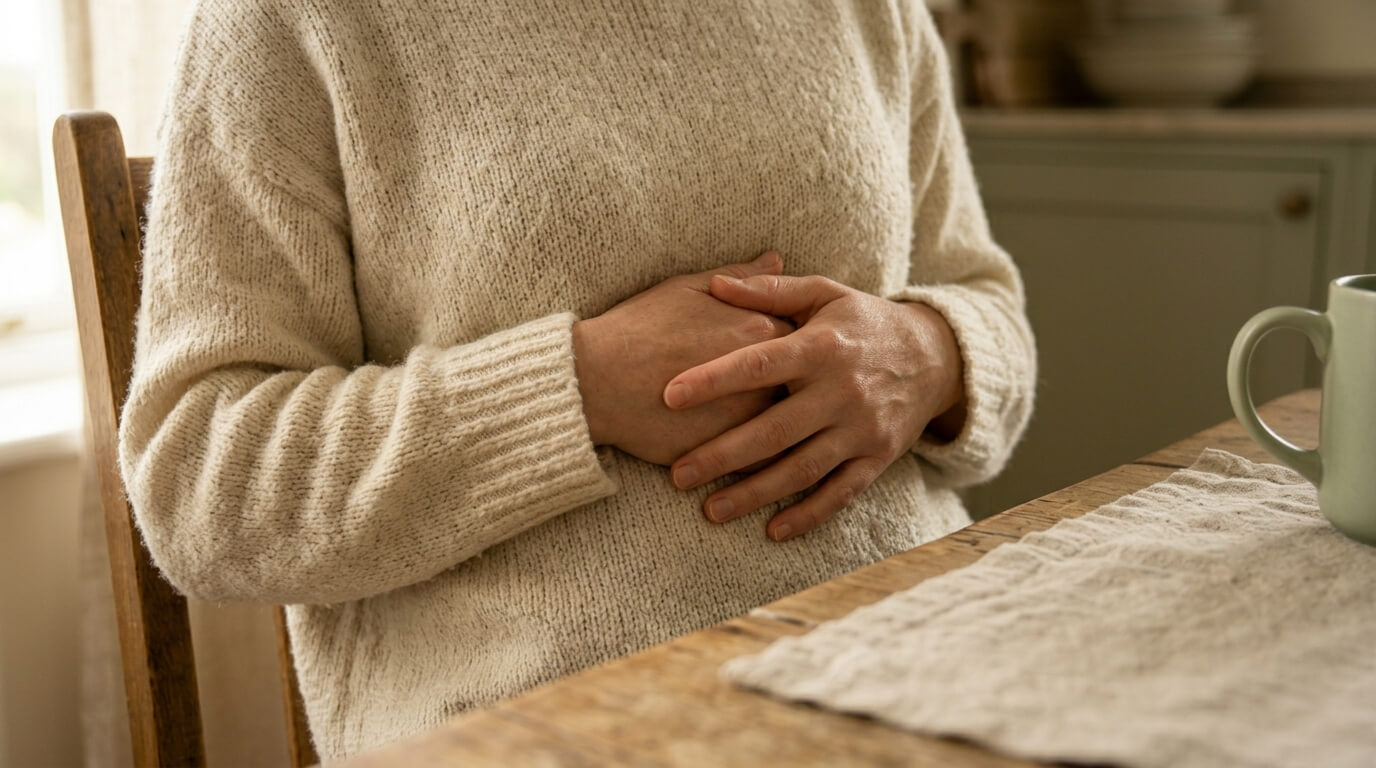 Person hält Hände auf dem Bauch – Unterschied zwischen Reizdarm und Zöliakie, und ob glutenfreie Ernährung bei Reizdarm hilft