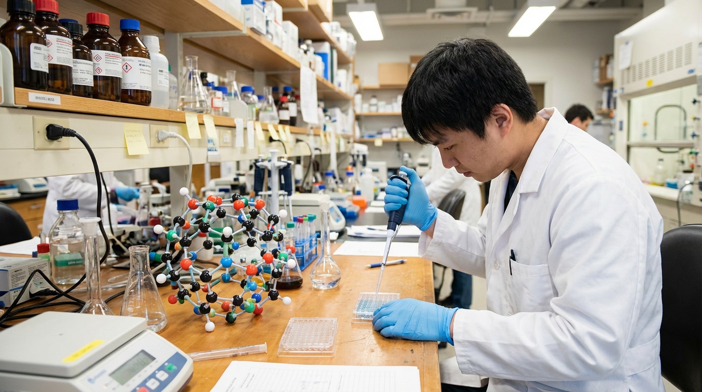 Wissenschaftler bei der Enzym-Forschung im Labor - Transglutaminase-Blocker Therapieansatz