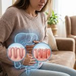 Frau mit Bauchschmerzen auf Sofa - versteckte Symptome der Zöliakie wie Bauchschmerzen und Darmprobleme