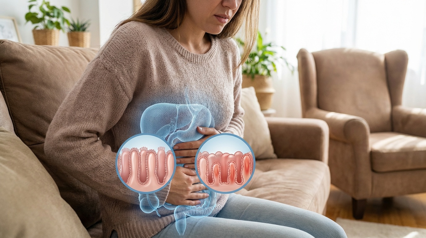 Frau mit Bauchschmerzen auf Sofa - versteckte Symptome der Zöliakie wie Bauchschmerzen und Darmprobleme