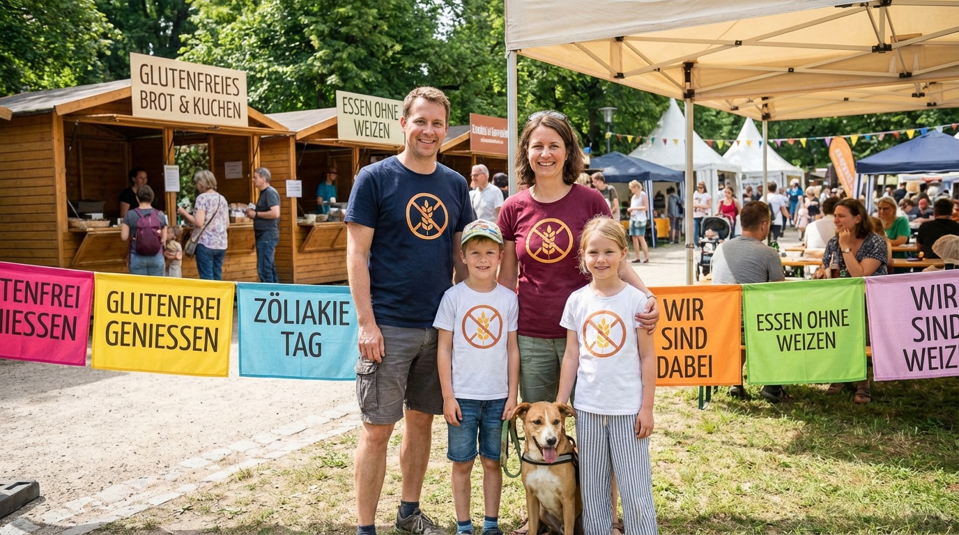 Familie beim Welt-Zöliakie-Tag Outdoor-Event mit Ständen und Besuchern