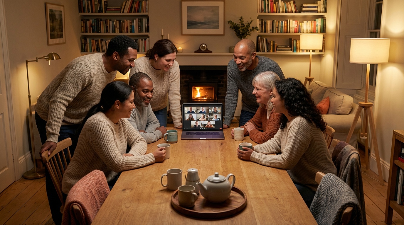 Gruppe von Menschen beim gemeinsamen Austausch über Zöliakie am Laptop