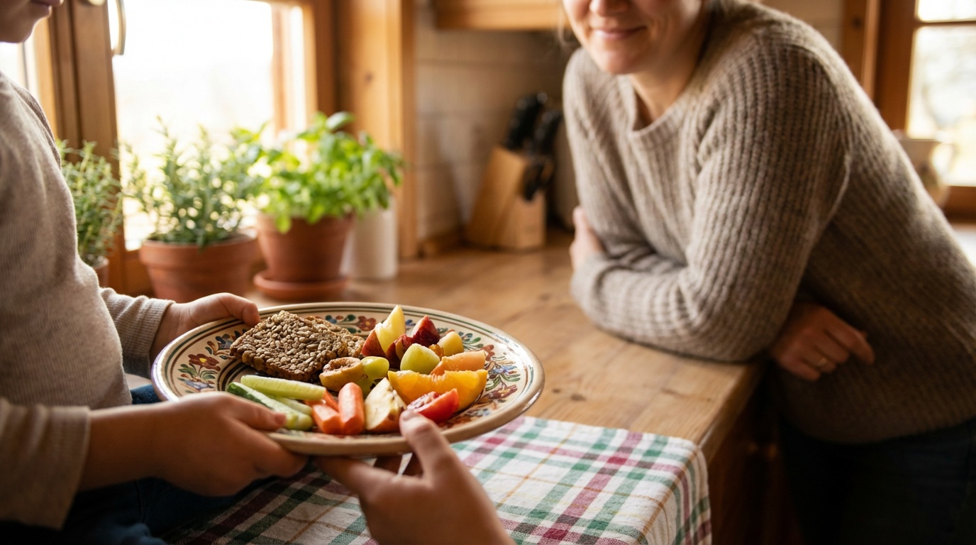 Kinderhände halten einen Teller mit glutenfreiem Essen - Zöliakie bei Kindern erkennen und diagnostizieren