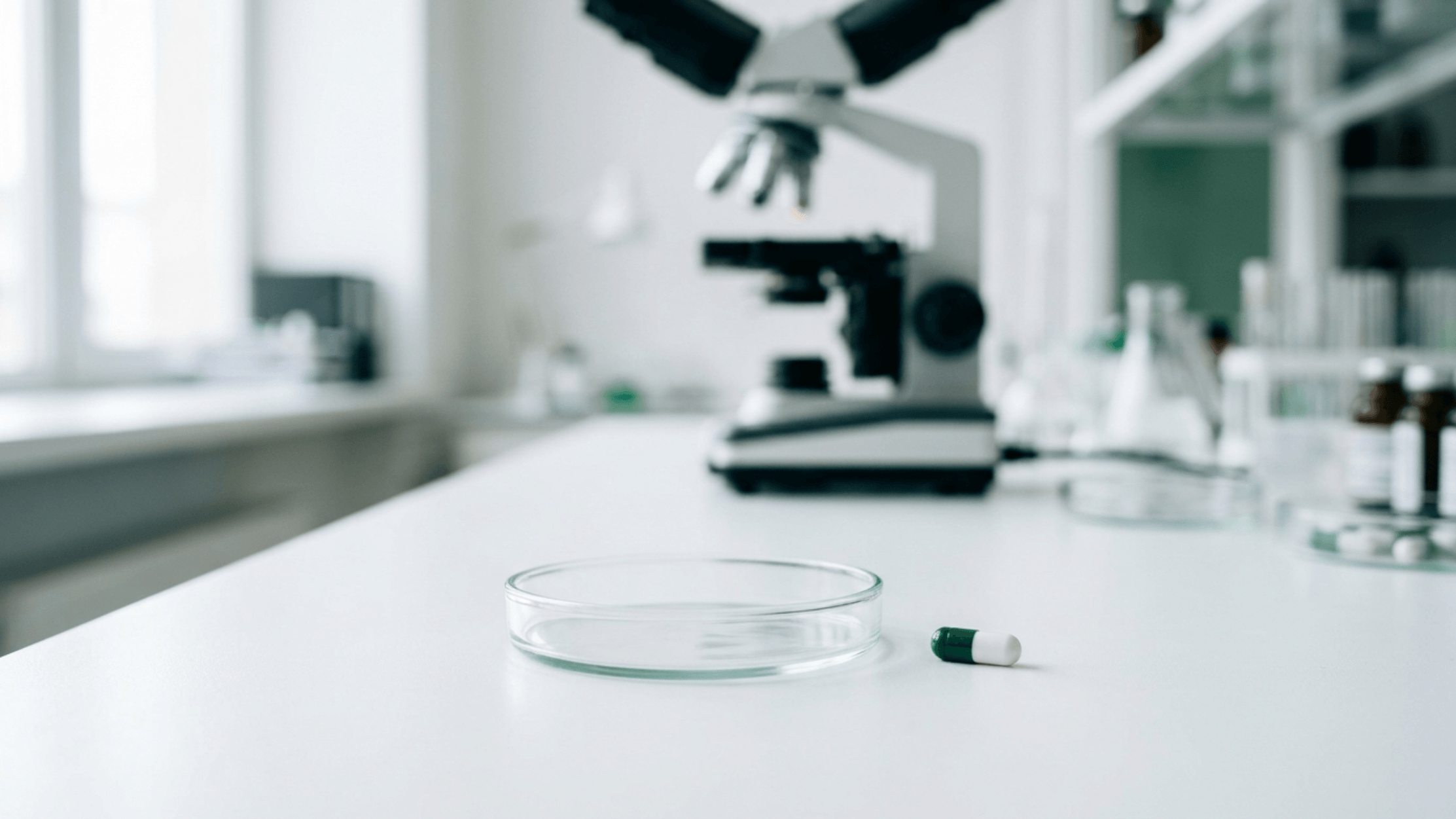 Laborumgebung mit Petrischale und Medikamentenkapsel – Symbolbild für die Zöliakie-Forschung und neue Therapieansätze wie ZED1227