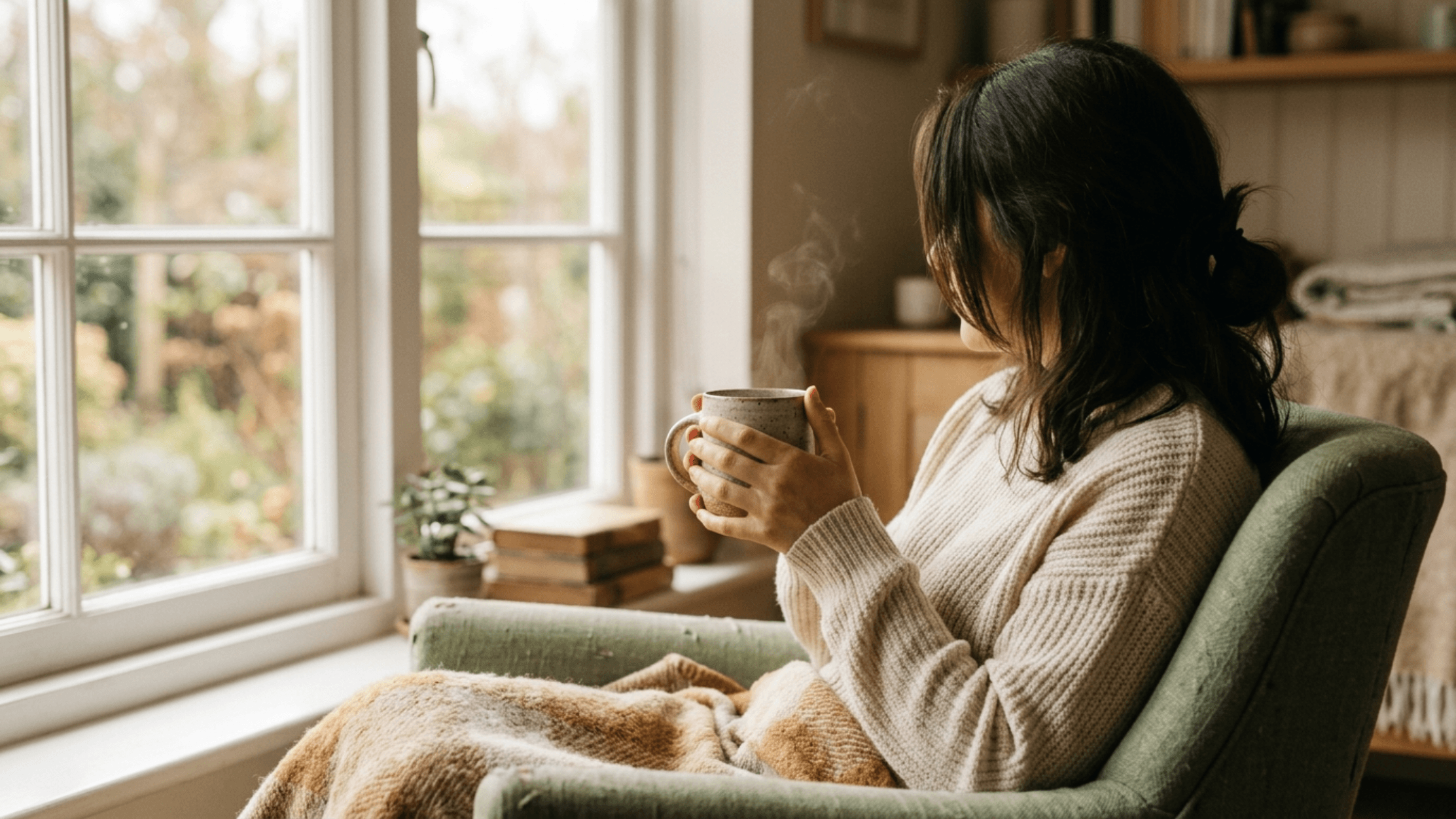 Person sitzt ruhig am Fenster mit einer Tasse Tee – Symbolbild für den Zusammenhang zwischen Zöliakie und psychischen Beschwerden wie Brain Fog und Depression