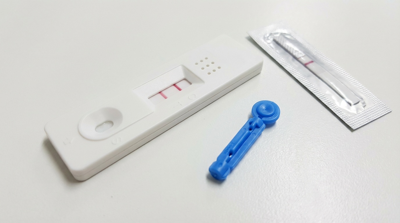 Zöliakie-Test Kit mit Lanzette und Teststreifen auf klinischem Tisch