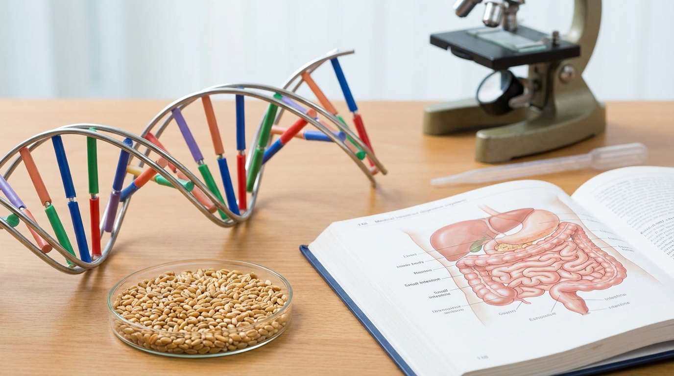 DNA-Modell neben Weizenkörnern - genetische Ursachen der Zöliakie